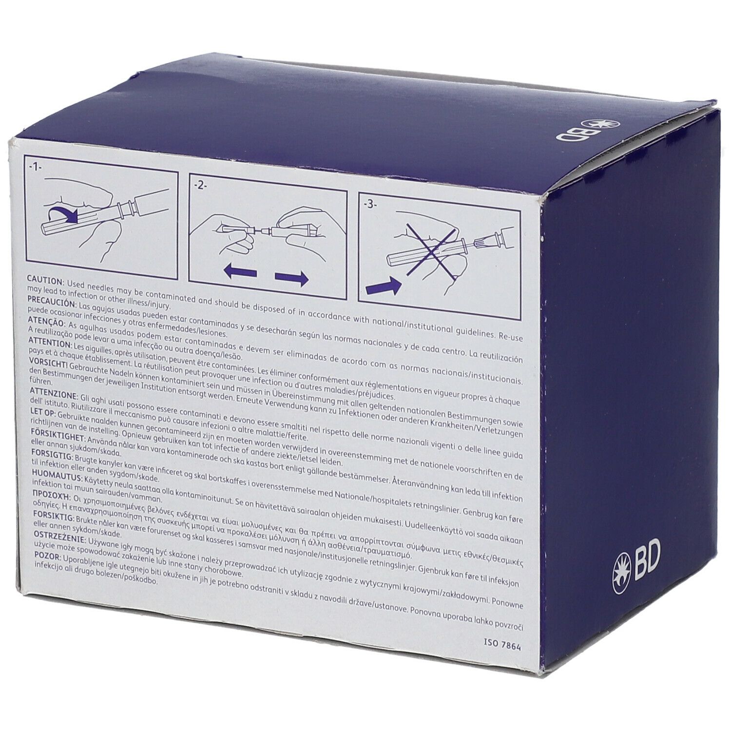 Dos de la boîte BD Microlance 3. Illustrations d'utilisation. Texte multilingue. ISO 7864.
