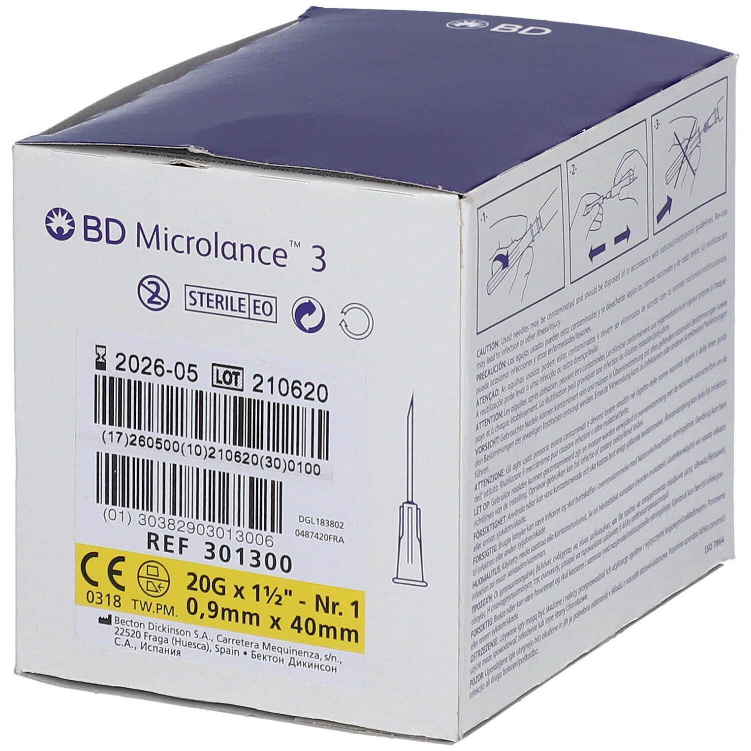 Boîte de BD Microlance 3. Inscriptions : BD Microlance 3, marquage stérile, numéro de lot, indications de taille.
