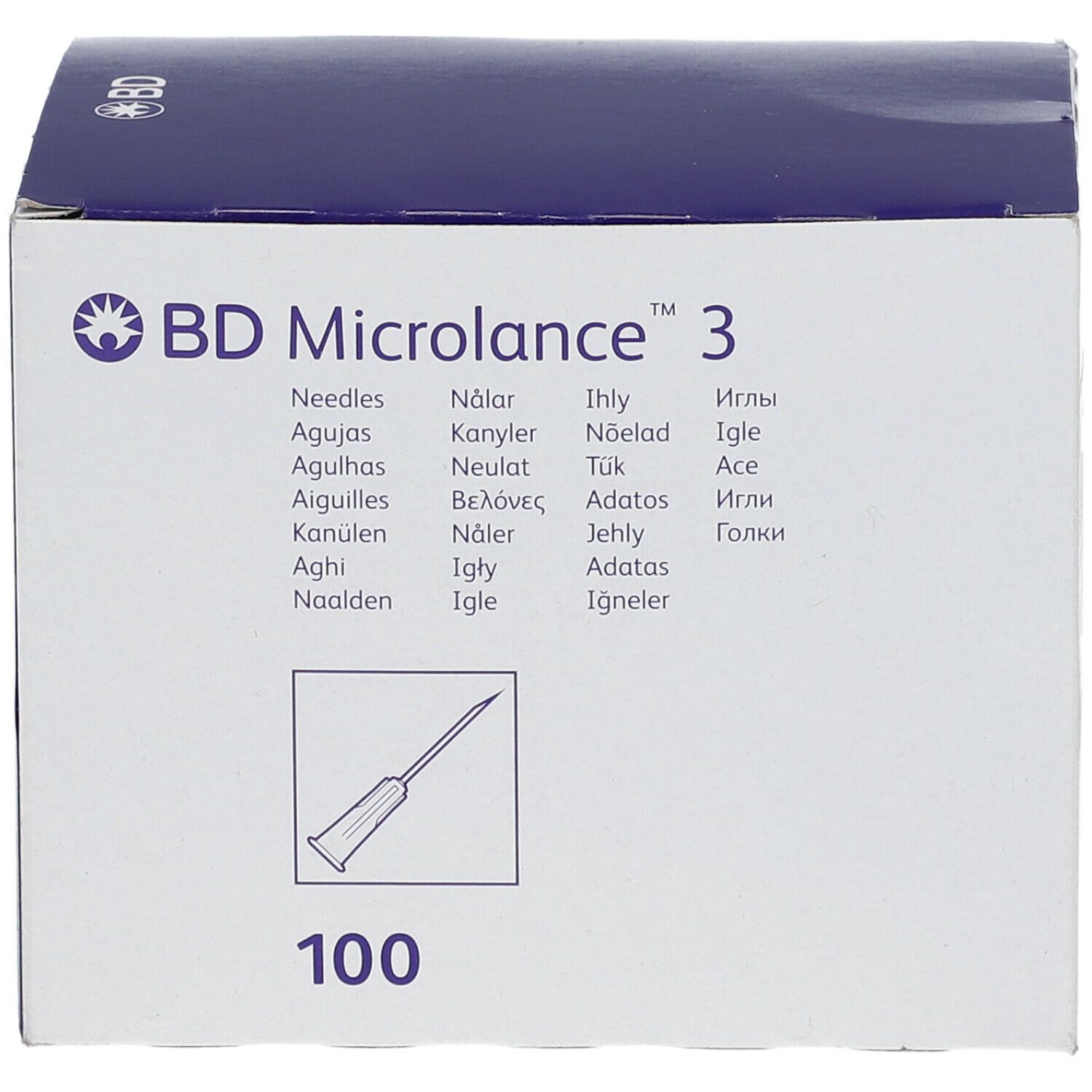 Boîte de BD Microlance 3. Inscriptions : BD Microlance 3, illustration d'aiguille, 100.