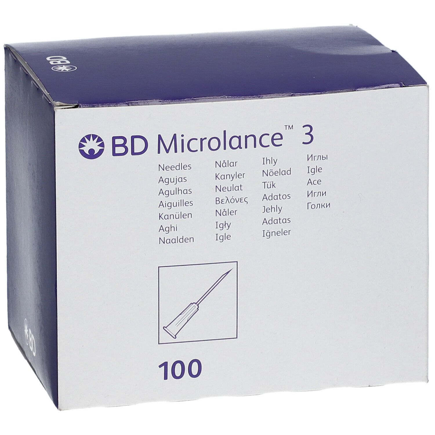 Boîte de BD Microlance 3. Inscriptions : BD Microlance 3, illustration d'aiguille, 100.
