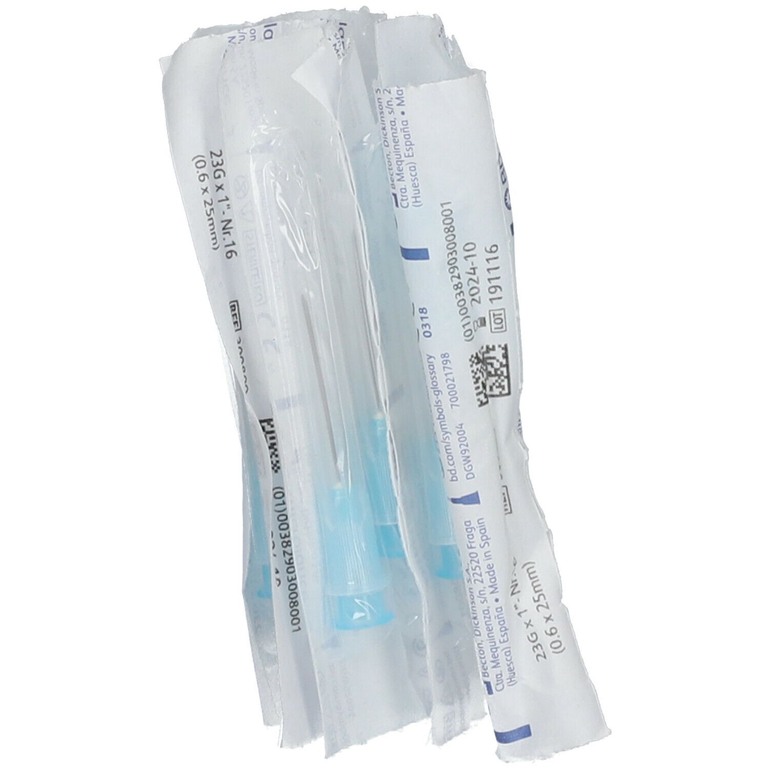 Plusieurs aiguilles hypodermiques emballées individuellement. Informations produit et code-barres imprimés. Pointes bleues visibles.