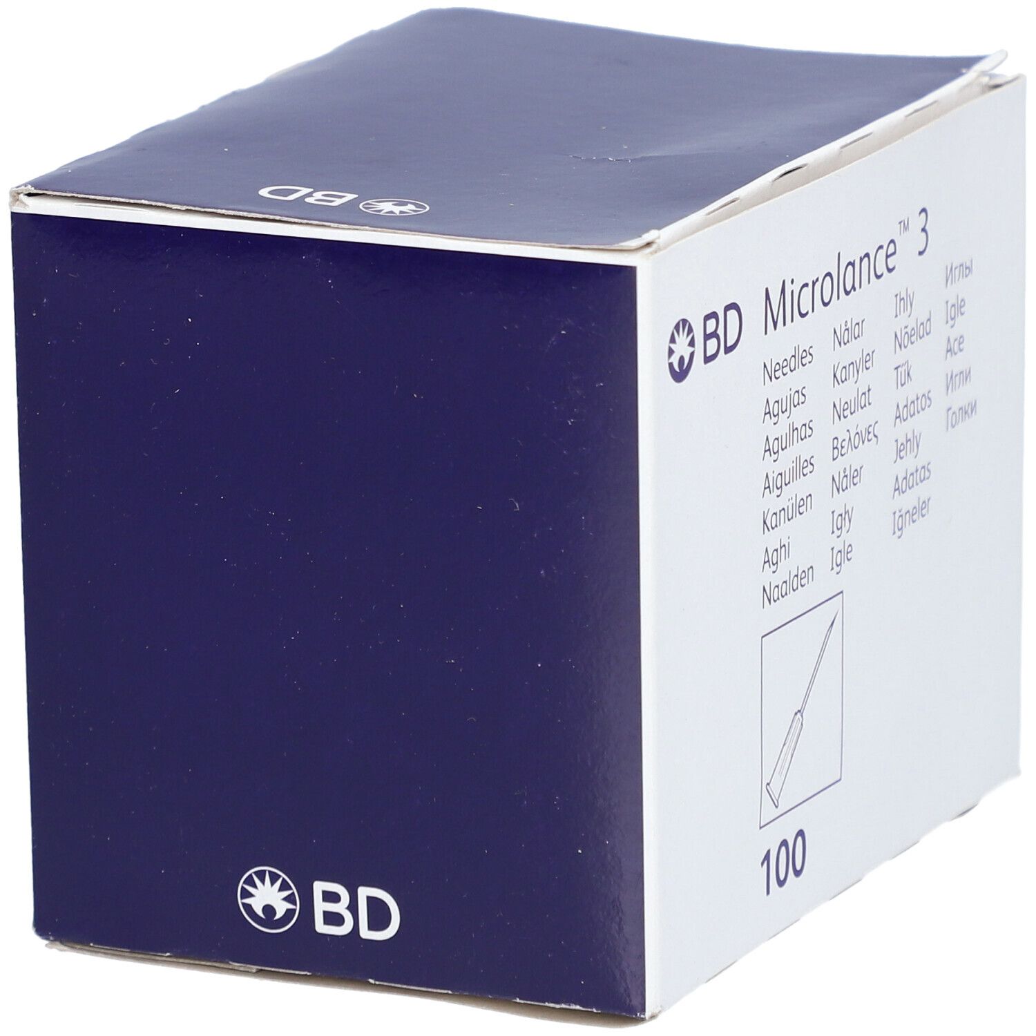 Doos van BD Microlance™ 3 naalden. Blauw en witte verpakking. Opschrift: 100 naalden. BD-logo.