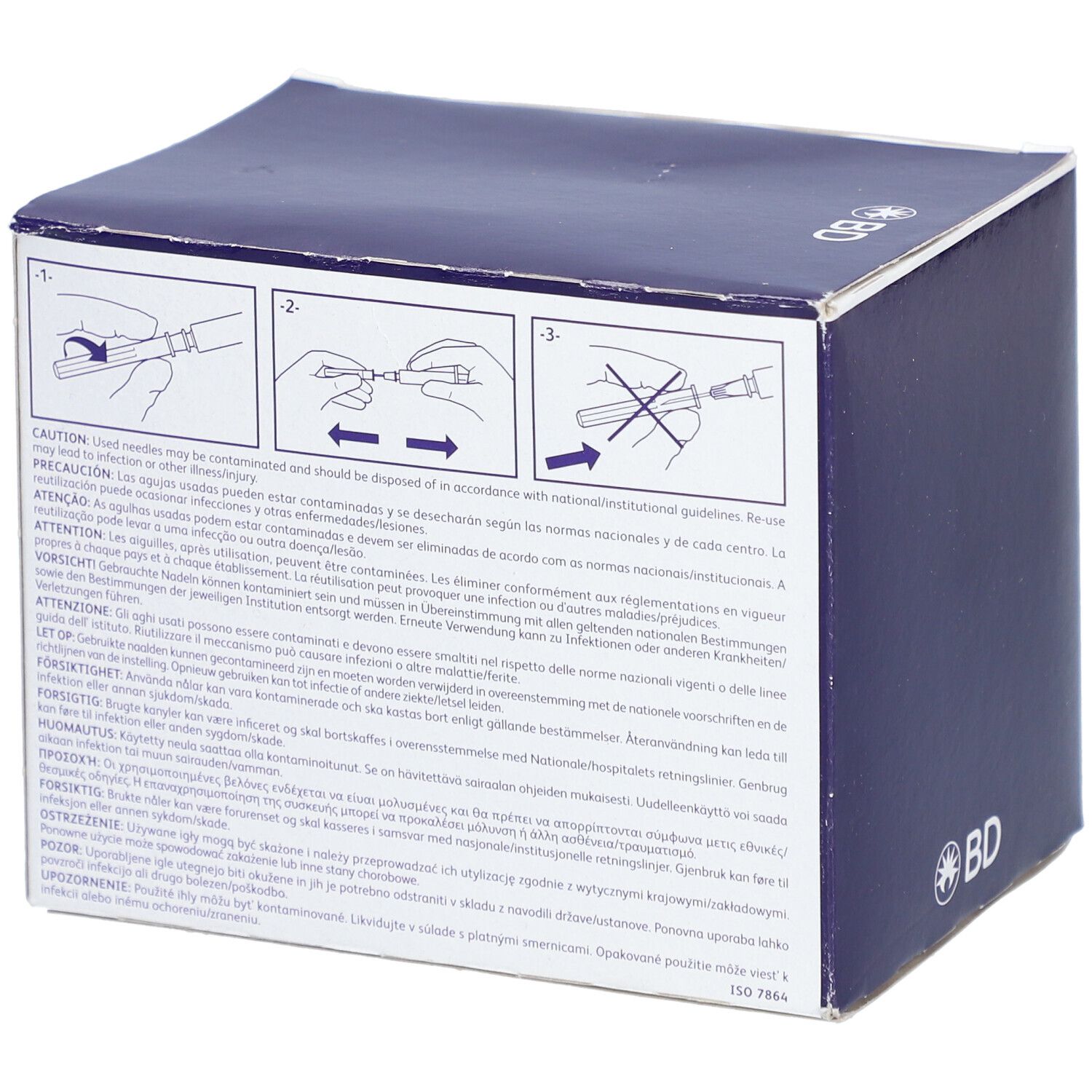 Achterkant van de BD Microlance™ 3 naaldenverpakking. Waarschuwingen en instructies in meerdere talen.