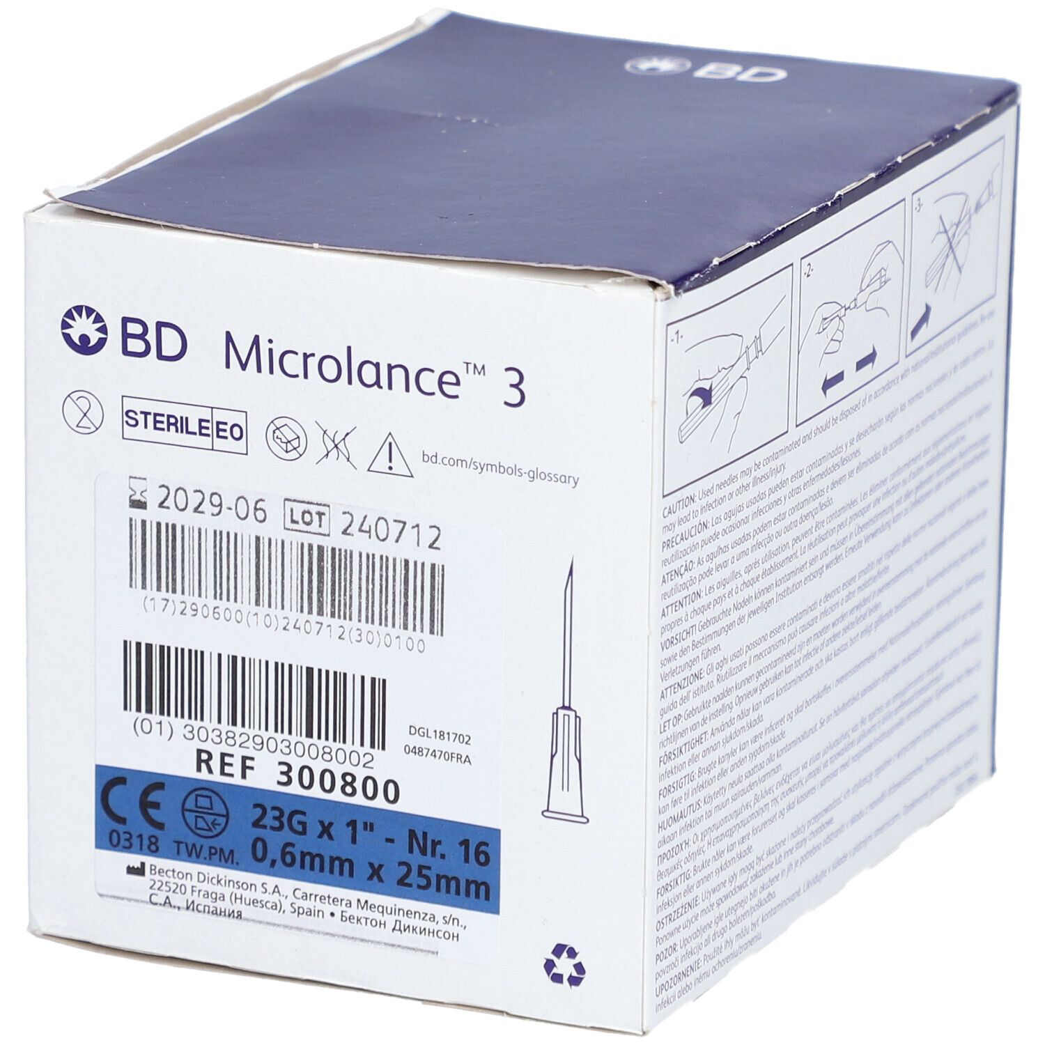Verpakking van BD Microlance™ 3 naalden. Productinformatie, lotnummer, maat: 23G x 1". CE-markering.