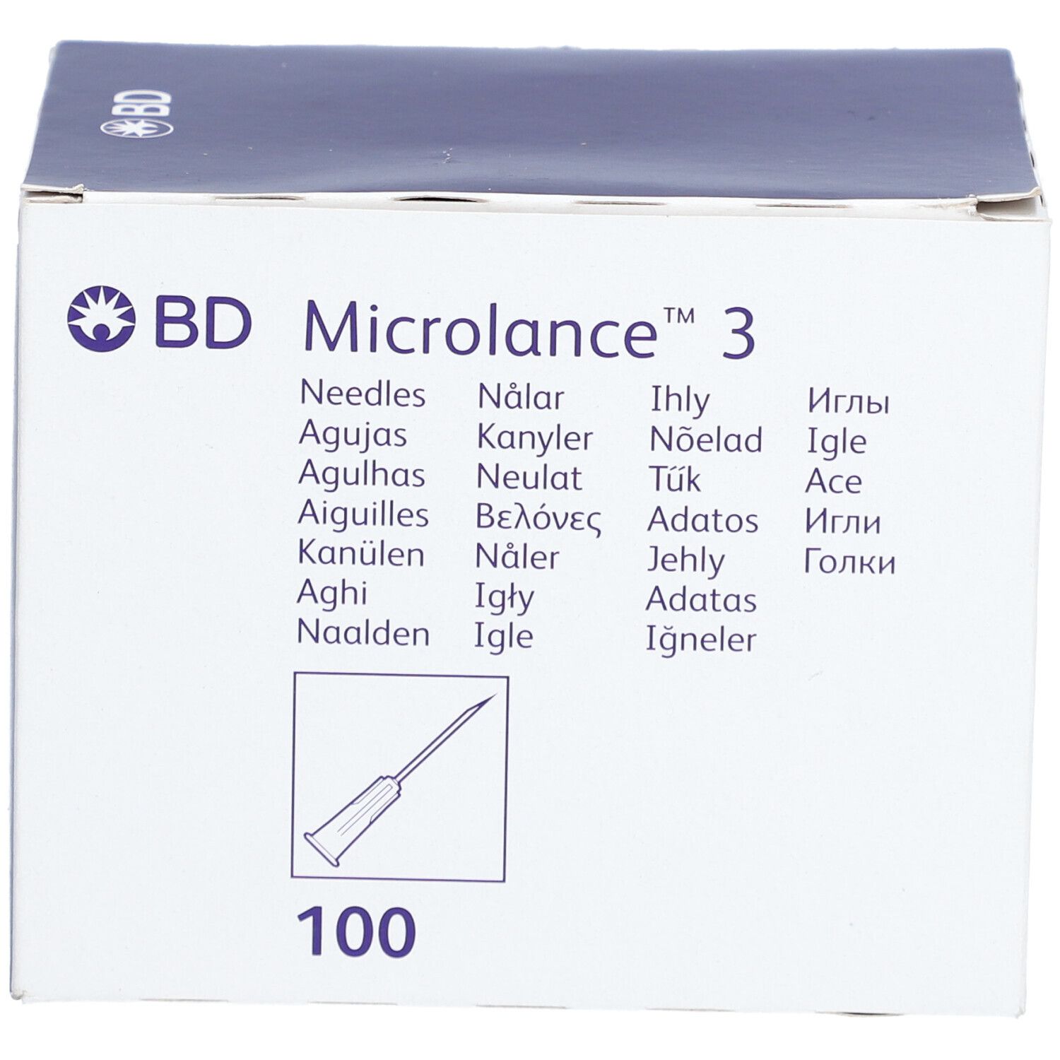 Verpakking van BD Microlance™ 3 naalden. Opschrift: 100 naalden. Blauw-witte doos met productinformatie.