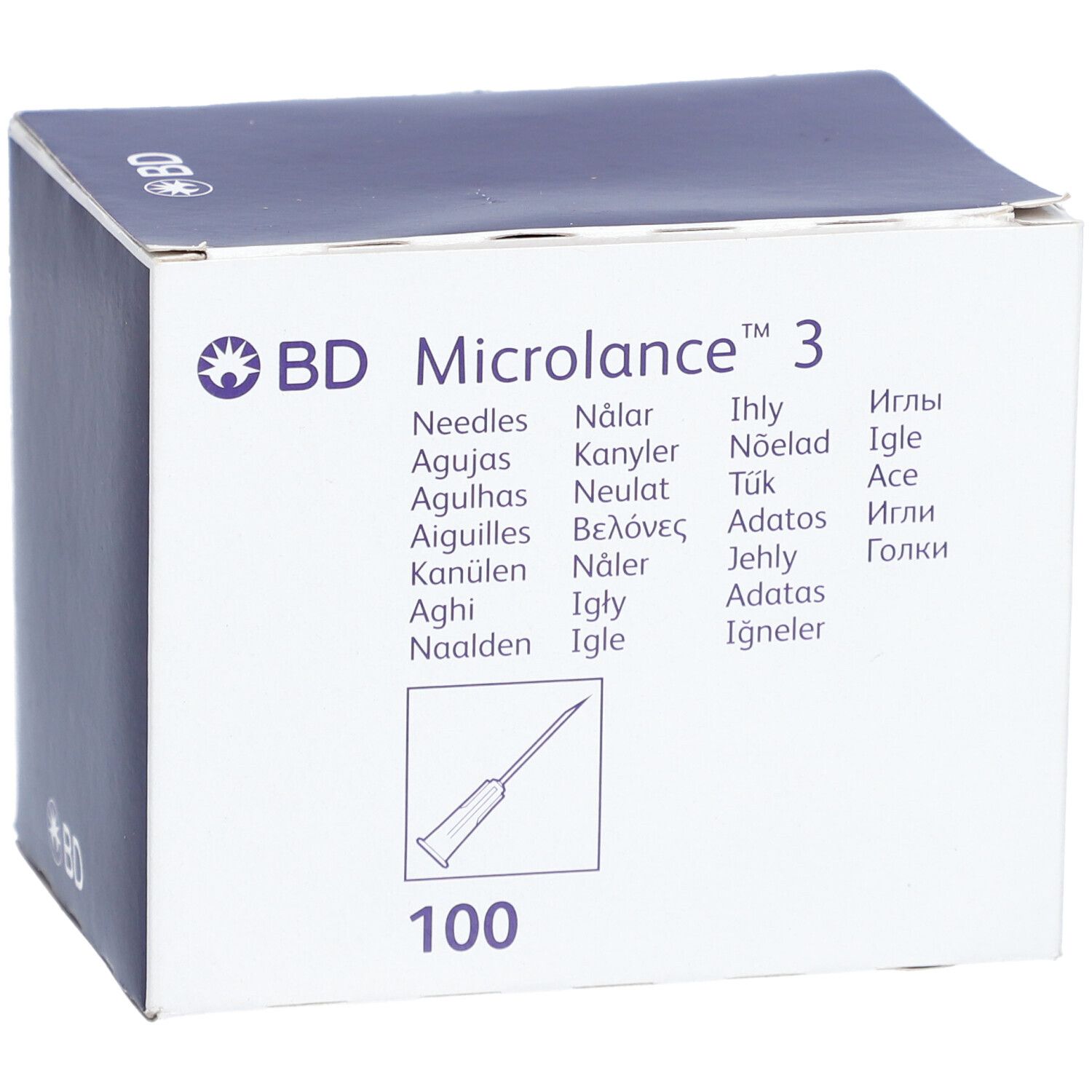 Verpakking van BD Microlance™ 3 naalden. Opschrift: 100 naalden. Blauw-witte doos met productinformatie.