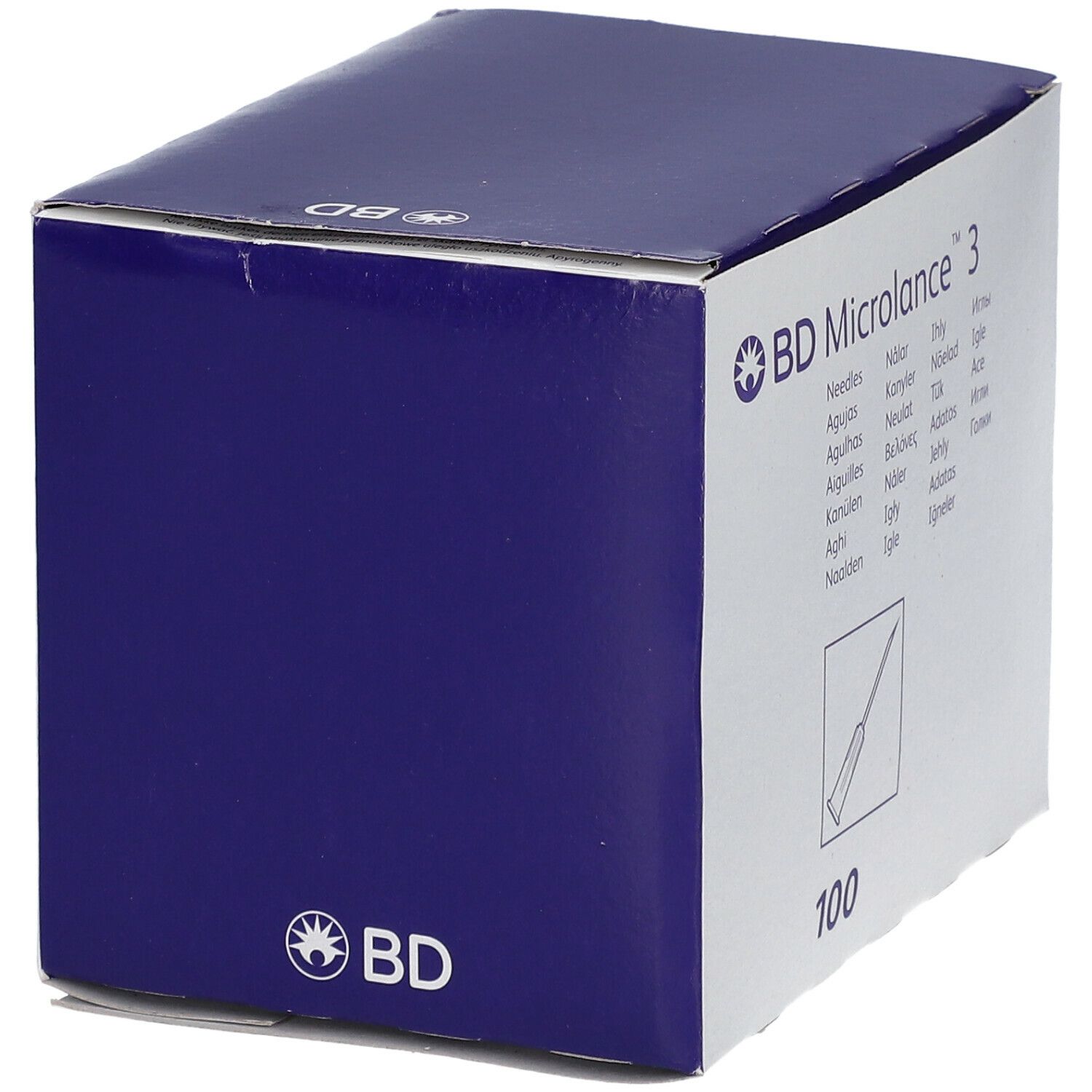 Boîte bleue avec logo BD Microlance 3 et illustration d'aiguille. Inscription : 100.