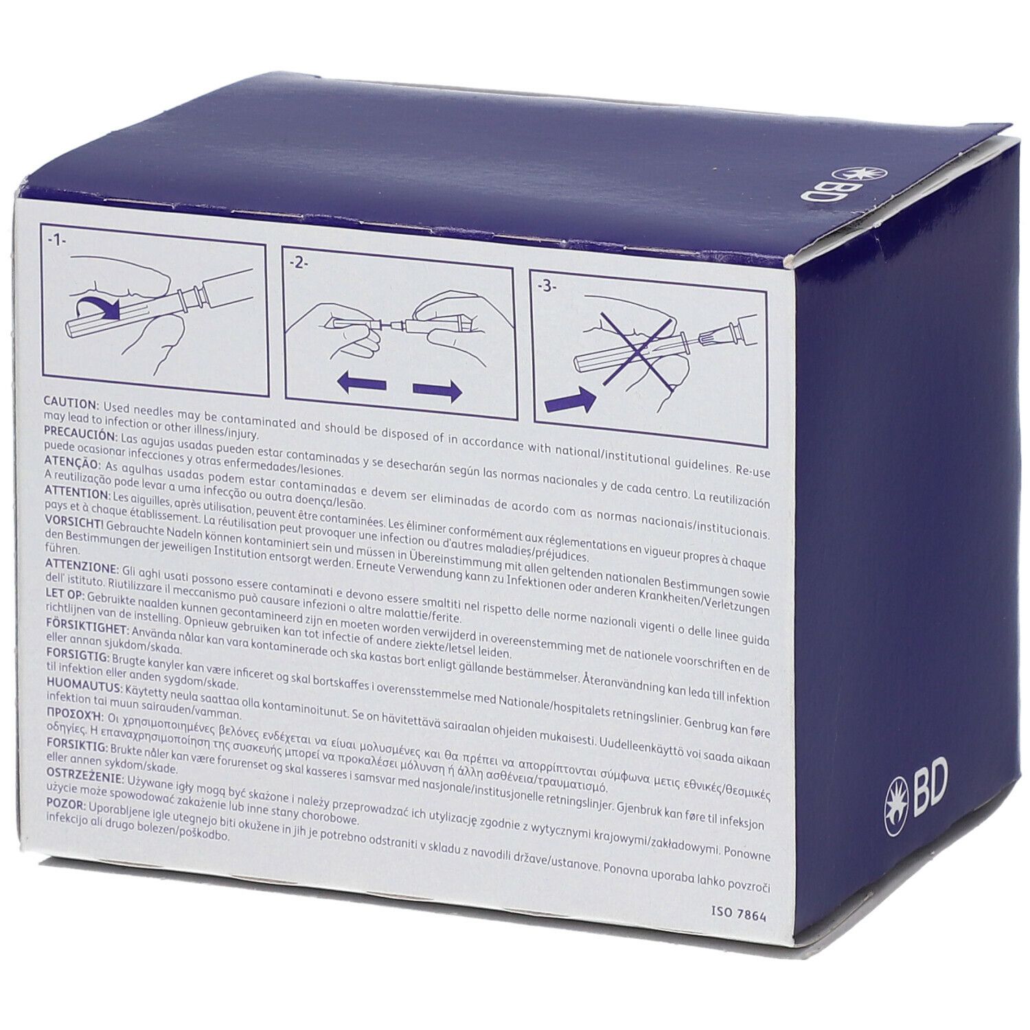 Dos d'une boîte avec instructions et avertissements. Logo BD.