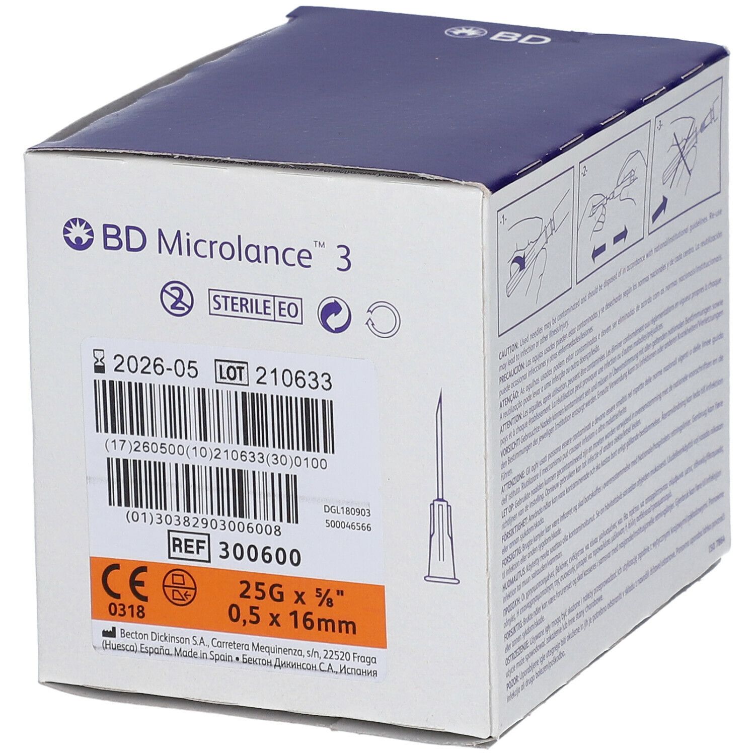 Boîte d'aiguilles BD Microlance 3. Inscriptions : 25G 0,5 x 16 mm, marquage CE, Stérile.