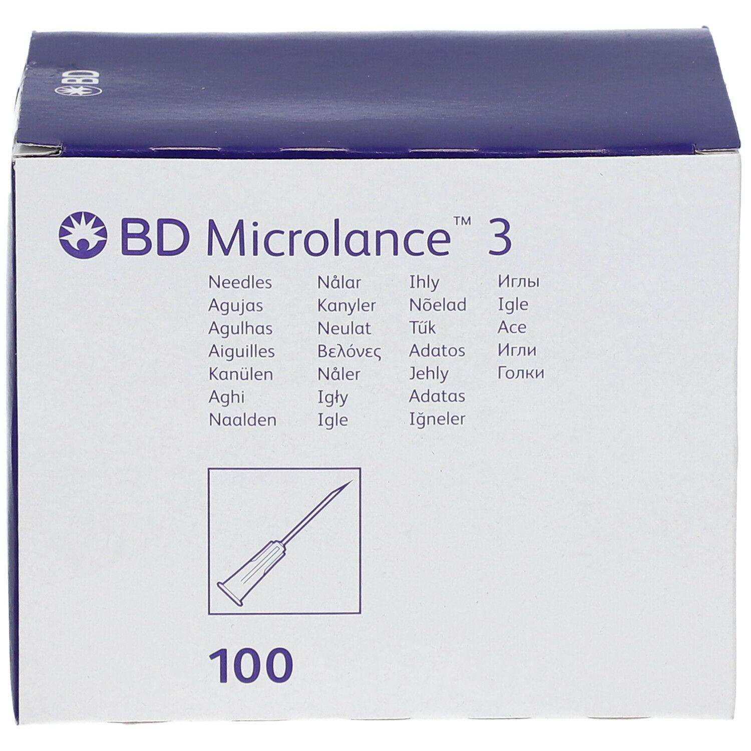 Boîte avec logo BD Microlance 3 et illustration d'aiguille. Inscription : 100.