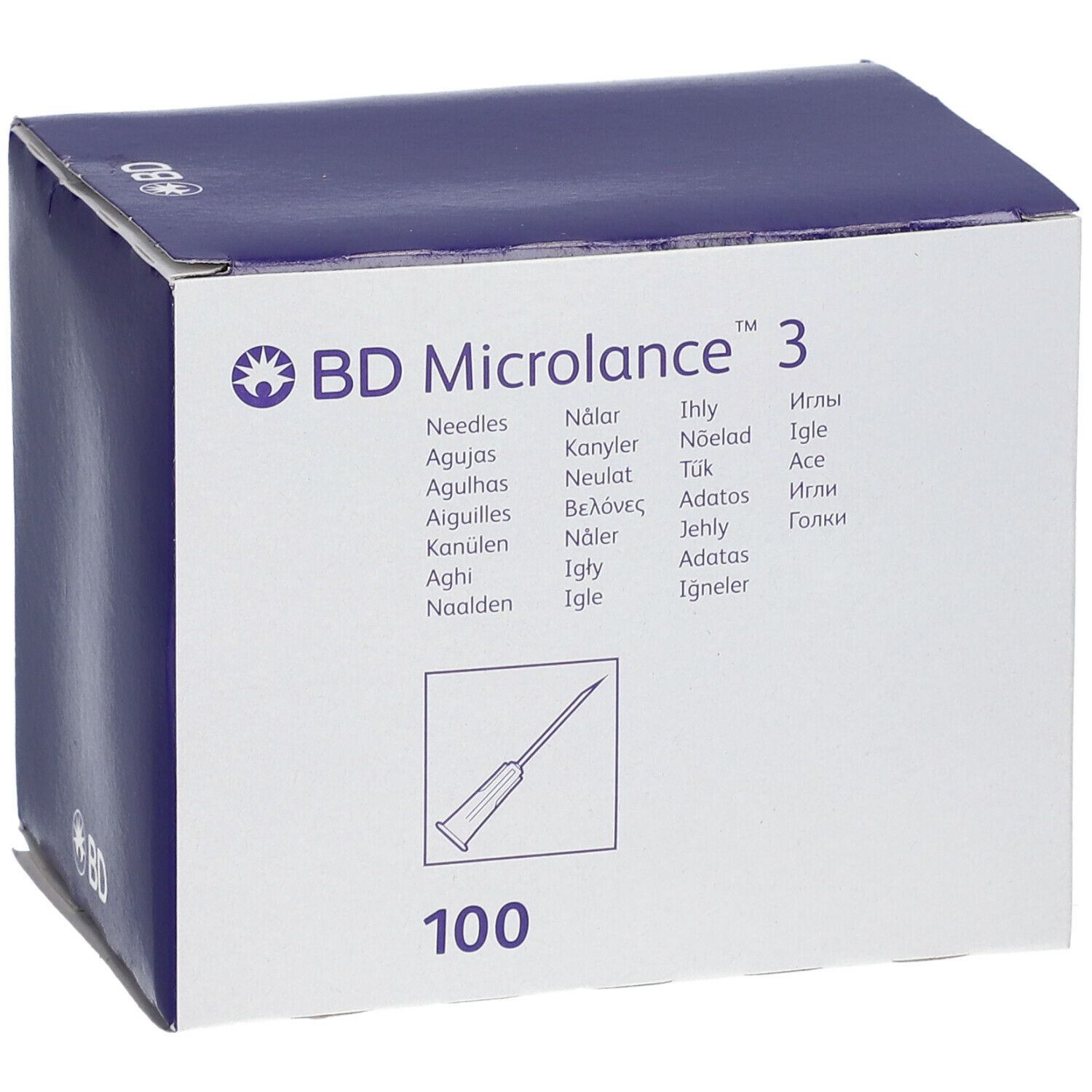 Boîte avec logo BD Microlance 3 et illustration d'aiguille. Inscription : 100.