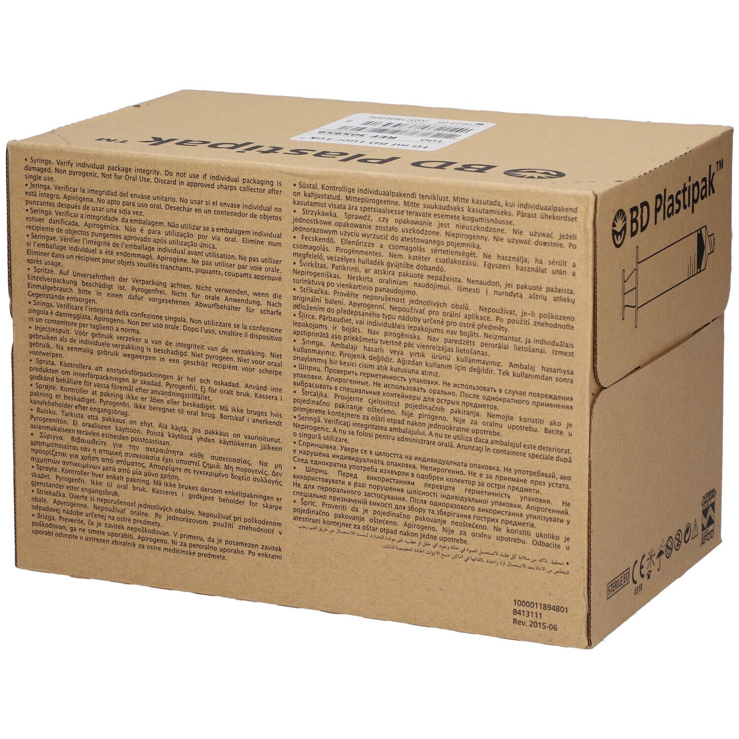 Boîte en carton avec texte. Logo BD Plastipak. Marron. Texte multilingue. Marquage CE.