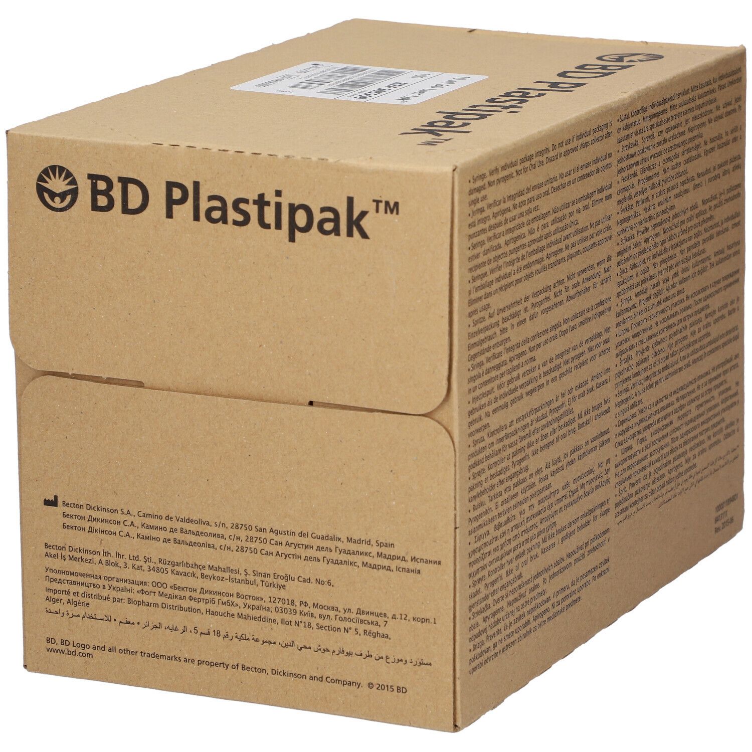 Boîte en carton avec logo BD Plastipak. Marron. Texte multilingue. Adresse du fabricant.