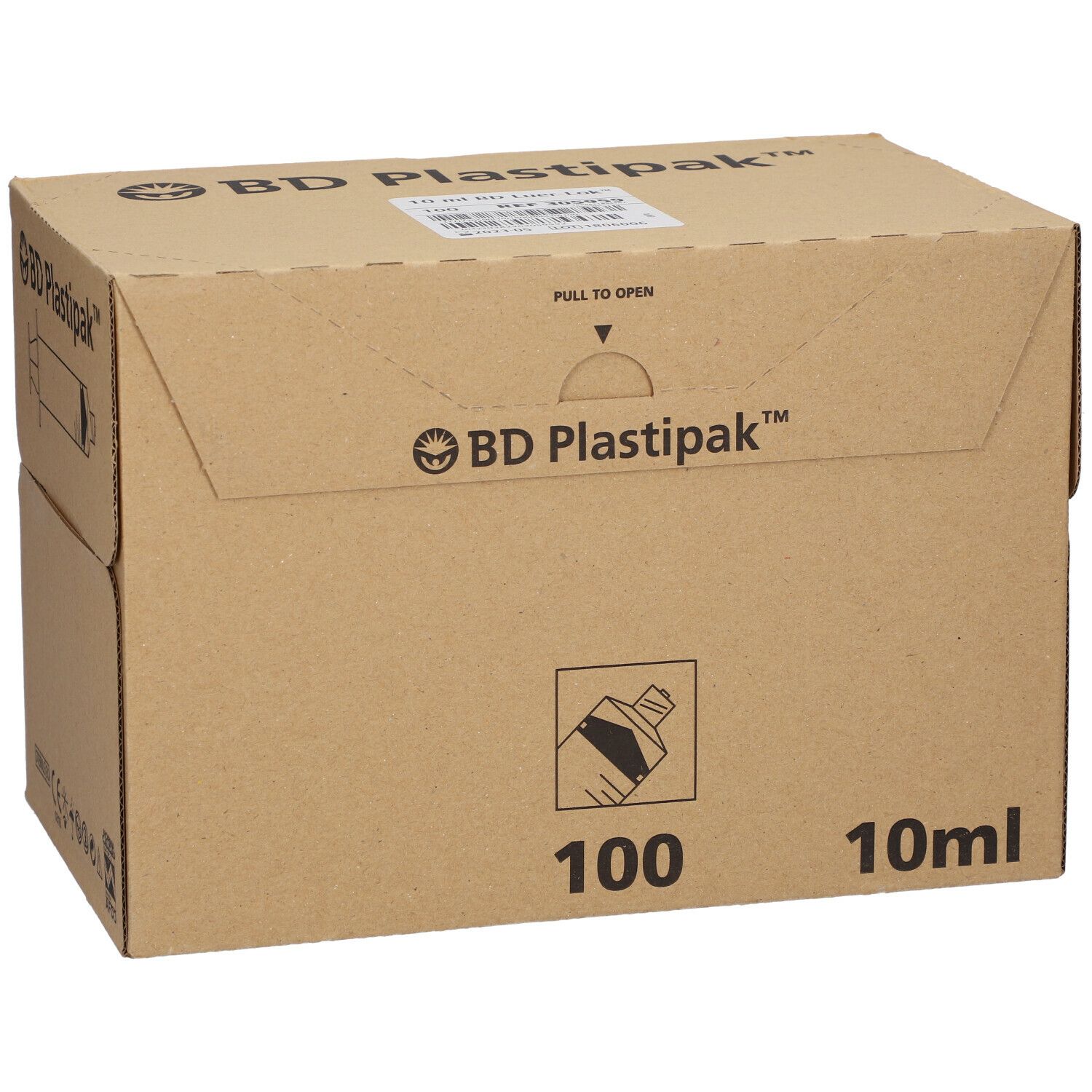 Boîte en carton BD Plastipak, 100 unités, 10 ml. Marron. Pictogramme de seringue.