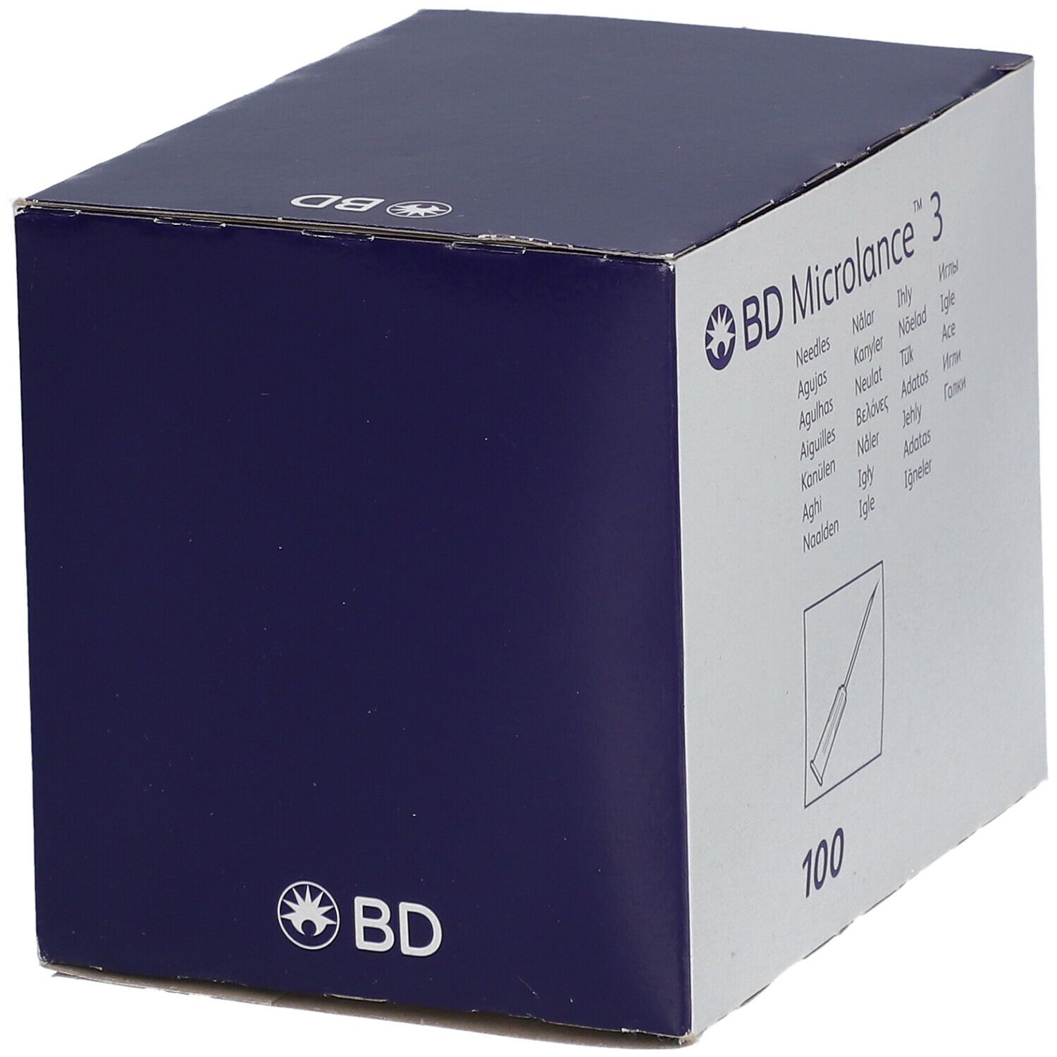 Scatola di BD Microlance™ 3. Coperchio blu scuro, cartone bianco. Logo del marchio e nome del prodotto.