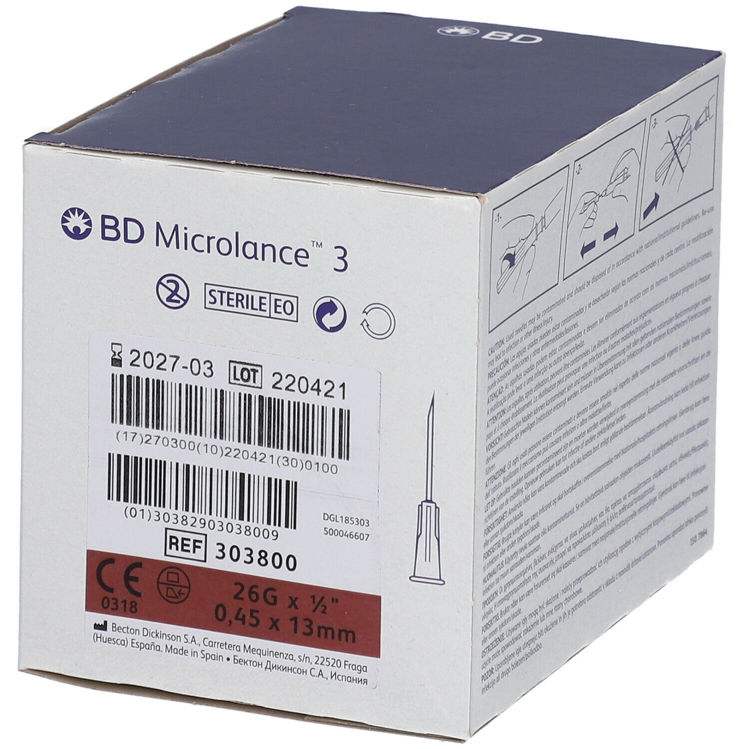 Scatola di aghi BD Microlance™ 3. Informazioni sul prodotto, dimensioni: 26G 1/2", 0,45 mm x 13 mm.