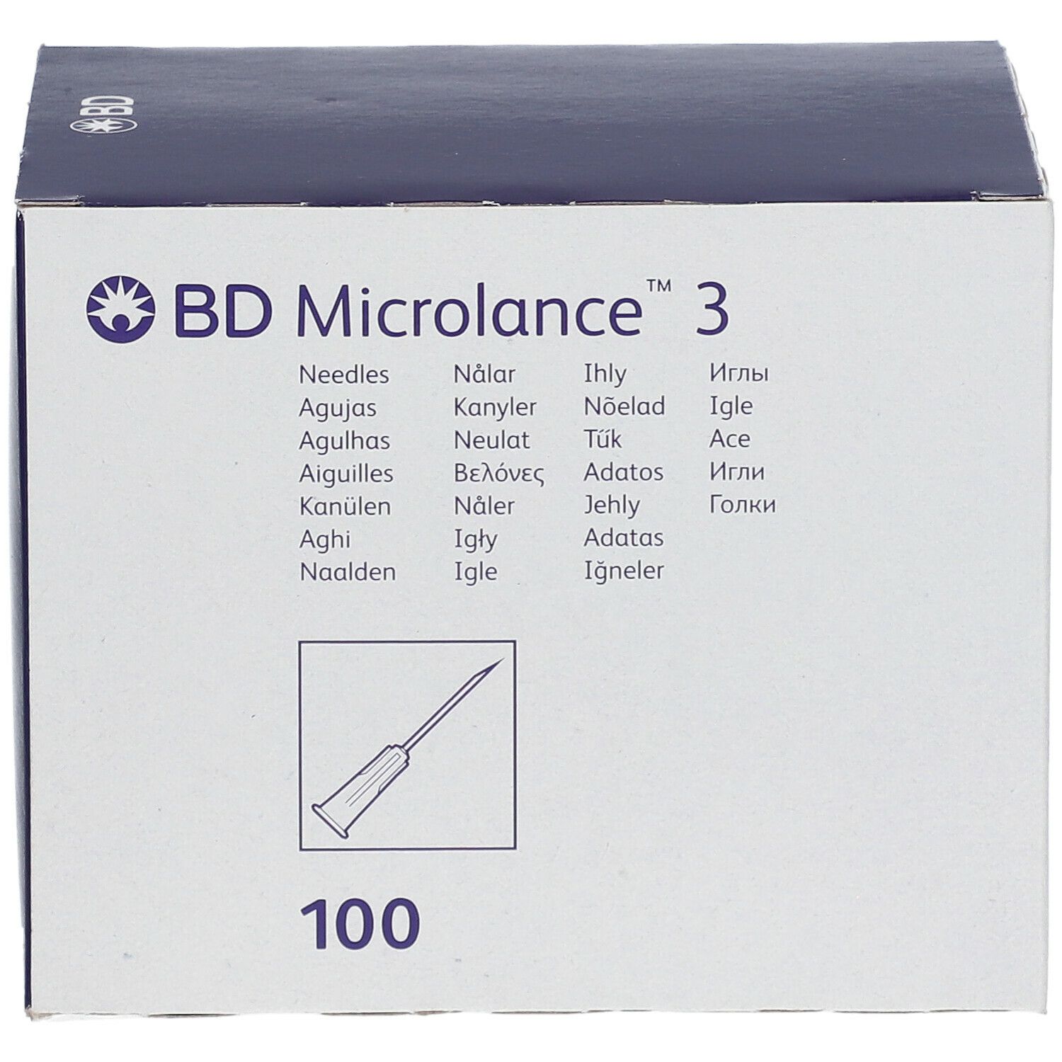 Scatola di aghi BD Microlance™ 3. Scritto: 100 aghi, illustrazione del prodotto, logo del marchio.