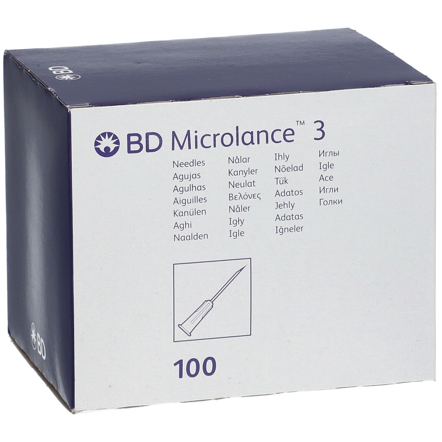Scatola di aghi BD Microlance™ 3. Logo del marchio, nome del prodotto, scritto: 100 aghi.