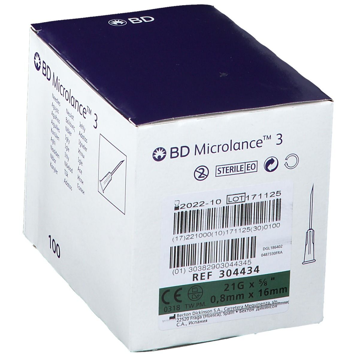 Boîte d'aiguilles BD Microlance™ 3. 100 unités. Détails: 21G 5/8", 0,8 x 16mm. Marquage CE.