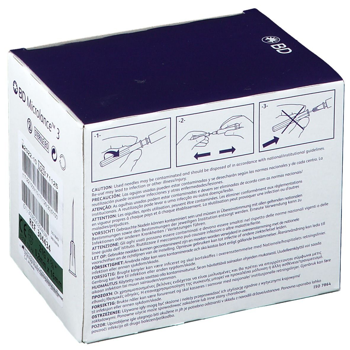 Boîte d'aiguilles BD Microlance™ 3. Instructions et avertissements. Arrière de l'emballage.