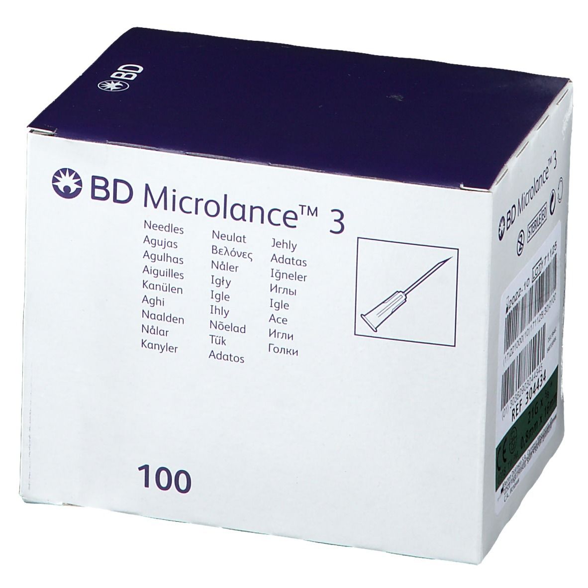 Boîte d'aiguilles BD Microlance™ 3. 100 unités. Détails: 21G 5/8", 0,8 x 16mm. Marquage CE.
