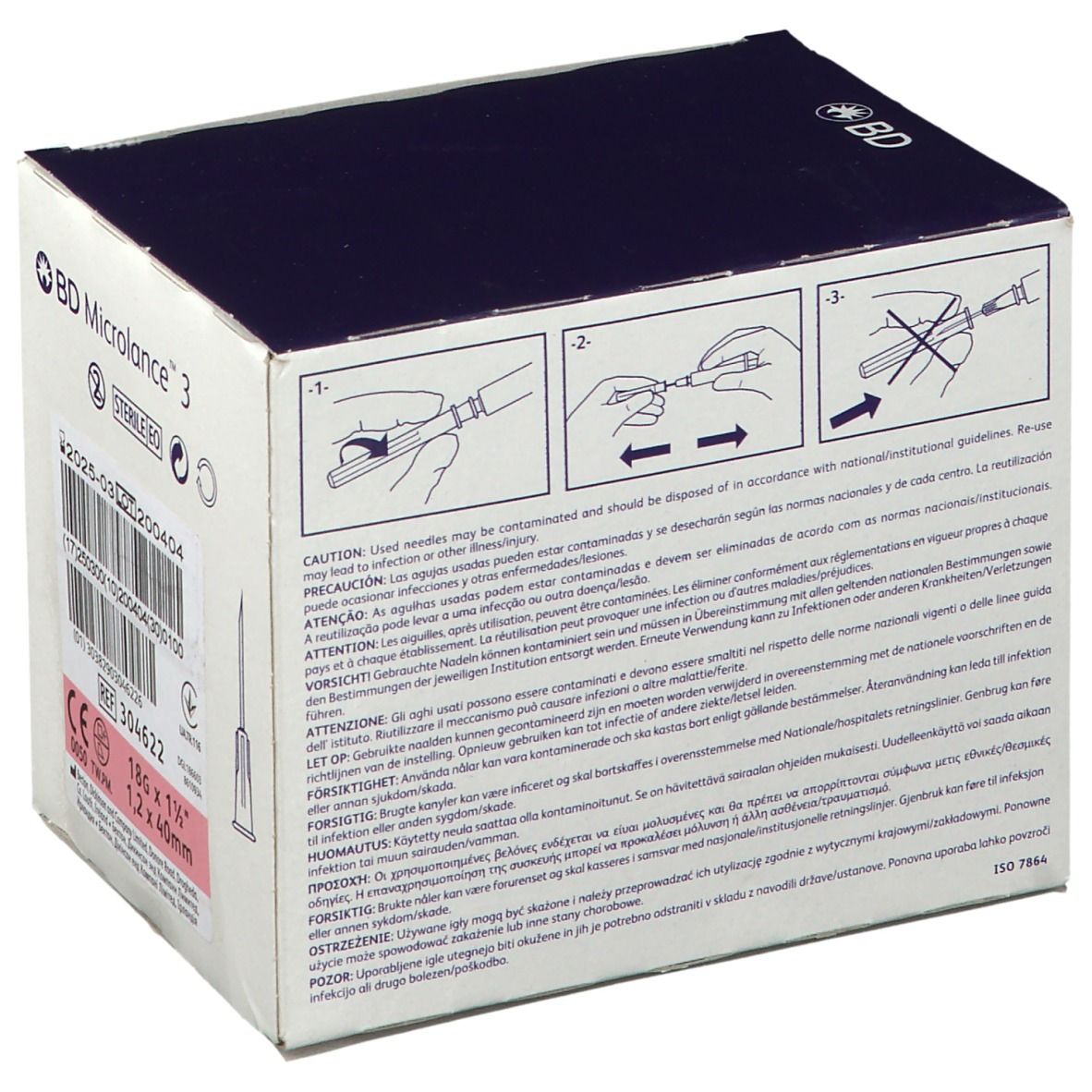 Schachtel mit BD Microlance 3 Nadeln. Rückseite mit Gebrauchsanweisung und Piktogrammen.