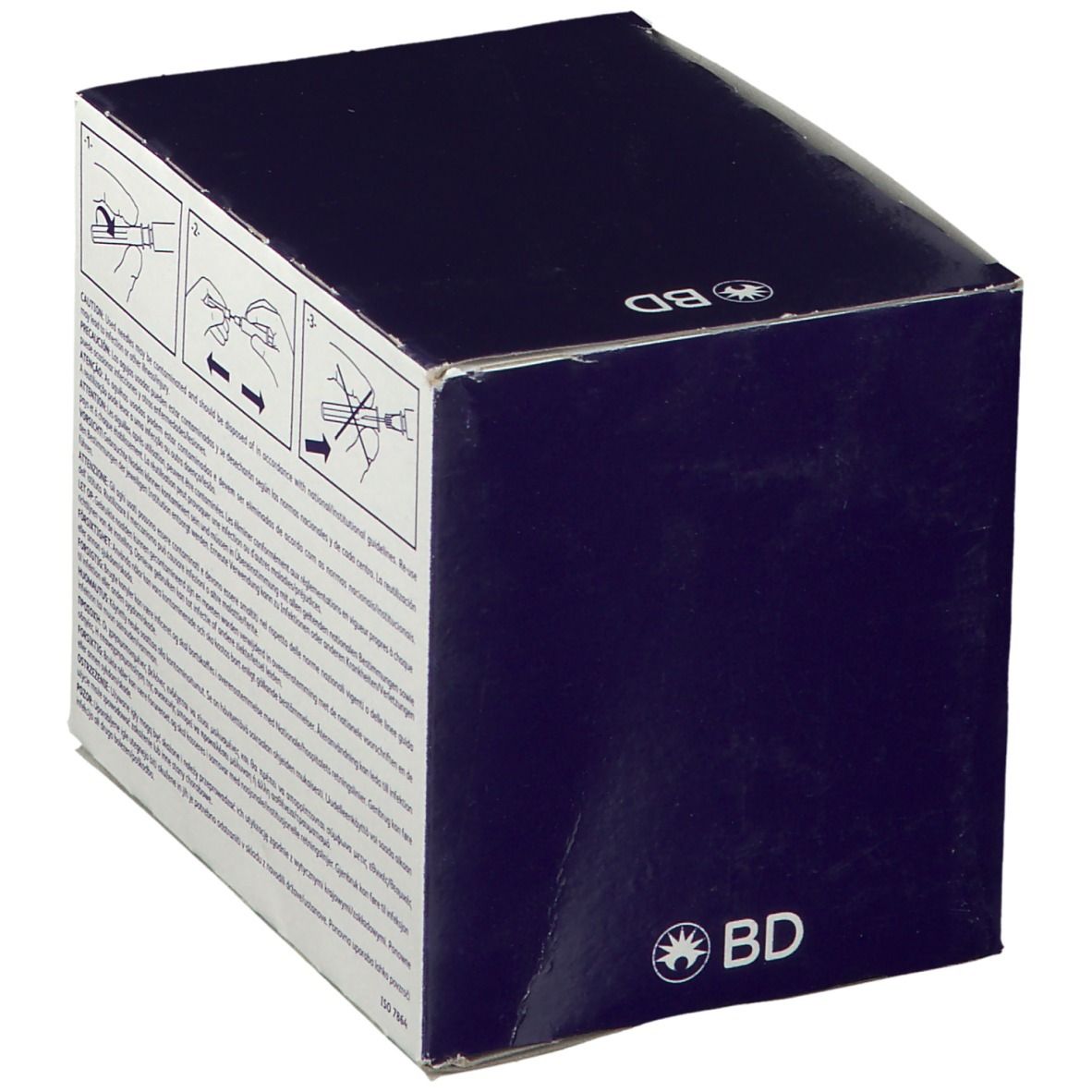 Schachtel mit BD Microlance 3 Nadeln. Rückseite mit Gebrauchsanweisung und Piktogrammen.