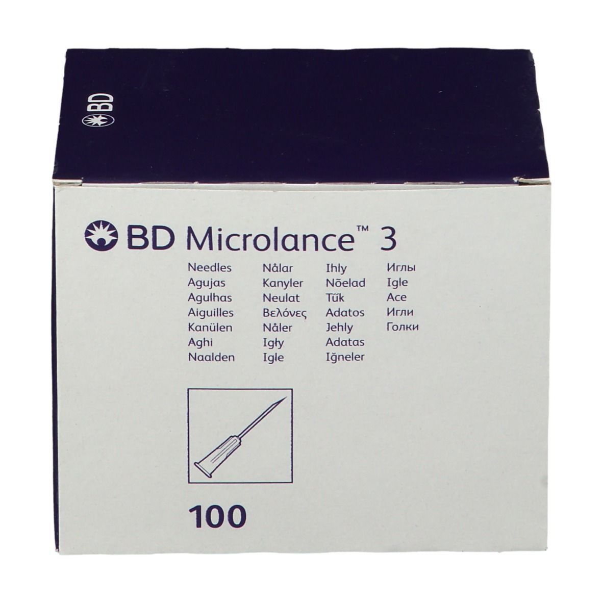 Schachtel mit BD Microlance 3 Nadeln. Aufschrift: 100. Produktabbildung.