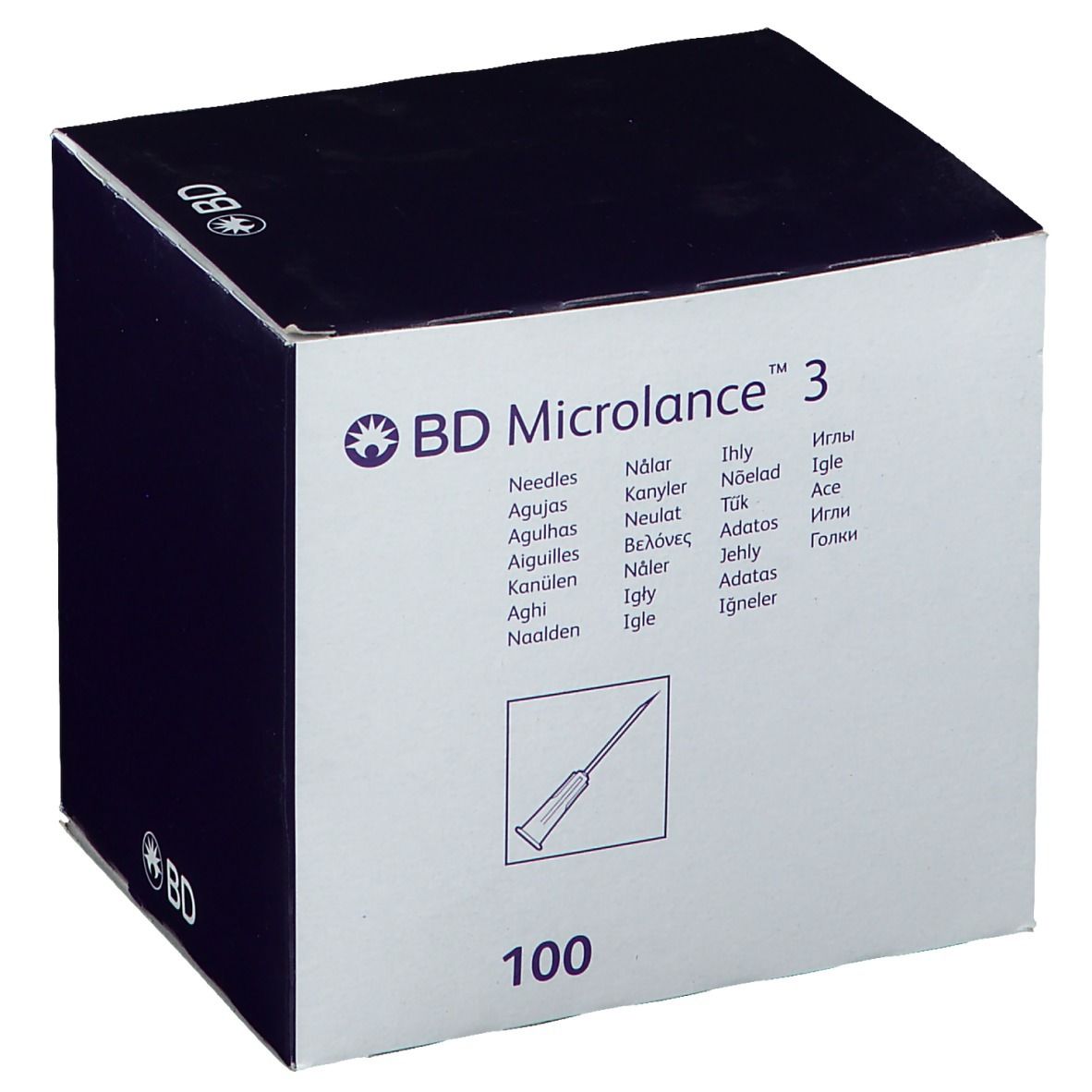 Boîte de BD Microlance 3. Inscription: 100 aiguilles. Logo et nom du produit.