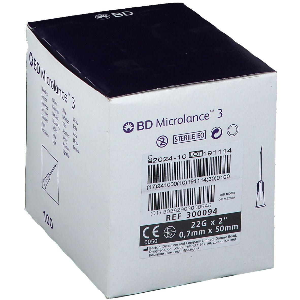 Boîte BD Microlance 3. Inscription: 22G x 2", 0,7mm x 50mm, REF 300094. Logo et nom.