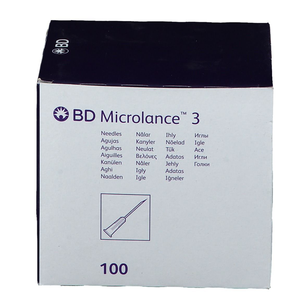 Boîte de BD Microlance 3. Inscription: 100 aiguilles. Logo et nom du produit.