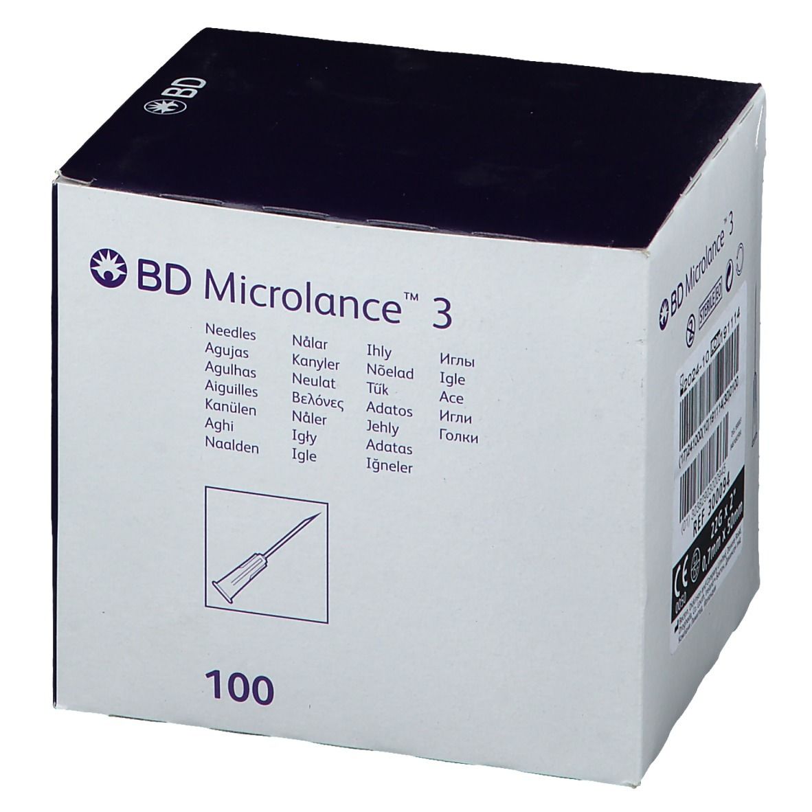 Boîte BD Microlance 3. Inscription: 100 aiguilles. Logo et nom du produit.