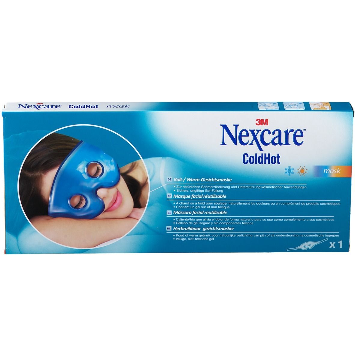 Masque Nexcare ColdHot bleu sur emballage. Visage du produit sur une personne. Texte : ColdHot, masque, 3M.