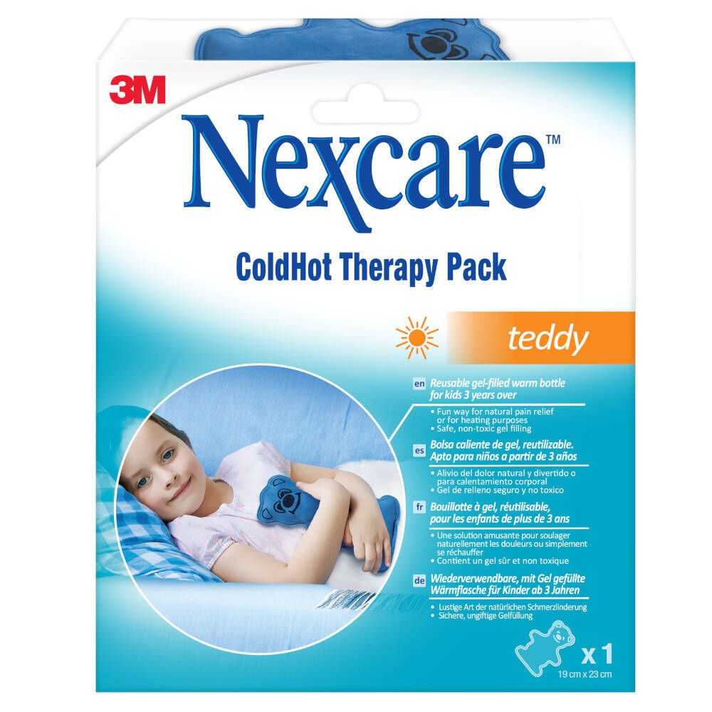 Verpakking met Nexcare ColdHot Teddy. Kind met teddybeer op de verpakking. Tekst: Herbruikbare gel-gevulde warmwaterkruik voor kinderen vanaf 3 jaar.