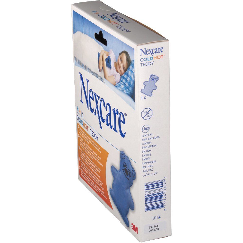 Verpakking Nexcare ColdHot Teddy, zijaanzicht. Teddybeer-vorm op de verpakking. Tekst: Latexvrij. 1 stuk.