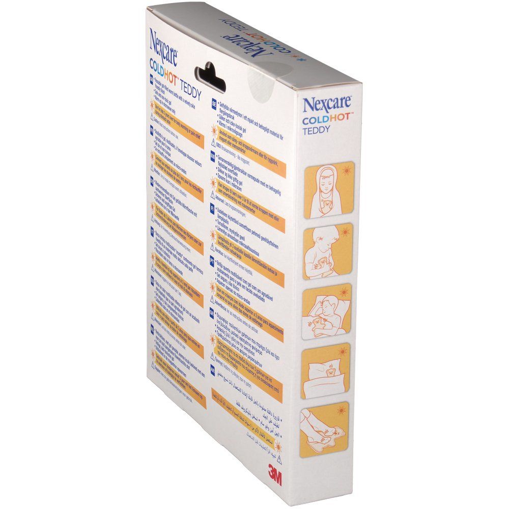 Zijaanzicht van de verpakking Nexcare ColdHot Teddy. Pictogrammen met gebruiksvoorbeelden. 3M-logo.