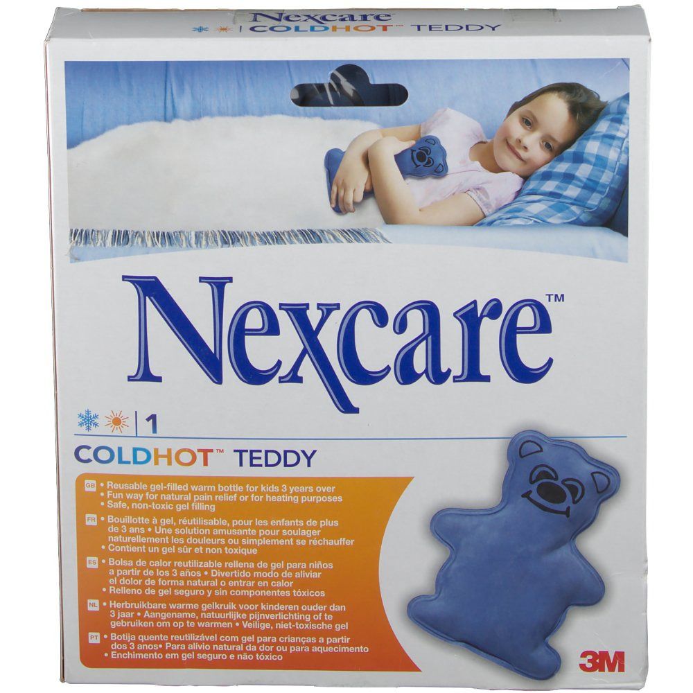 Verpakking Nexcare ColdHot Teddy. Kind met teddybeer op de verpakking. Tekst: Herbruikbare gel-gevulde warmwaterkruik voor kinderen vanaf 3 jaar.
