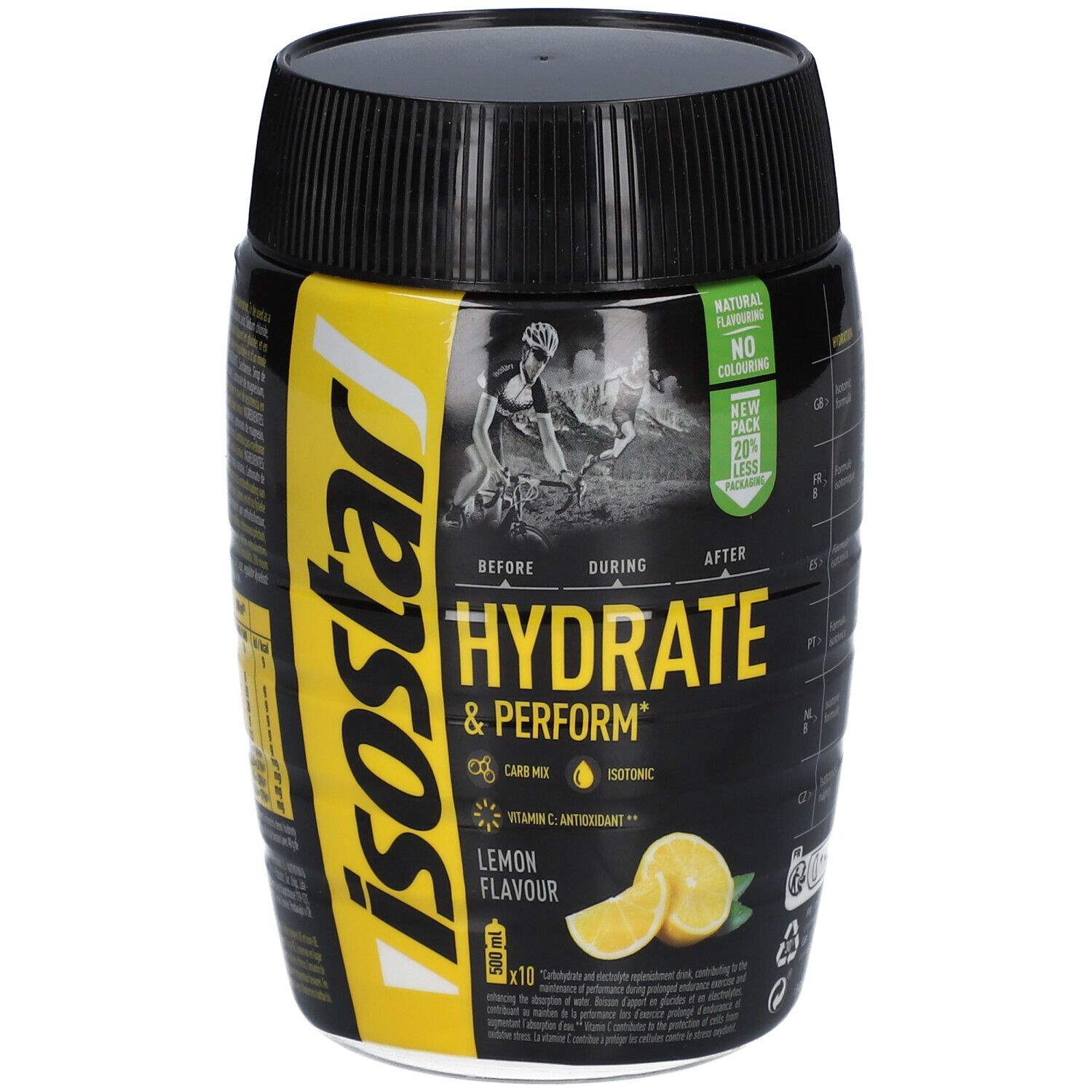 Zwarte pot met gele accenten. Opschrift Isostar Hydrate & Perform, citroen. Afbeelding van citroenen. Zwarte deksel.
