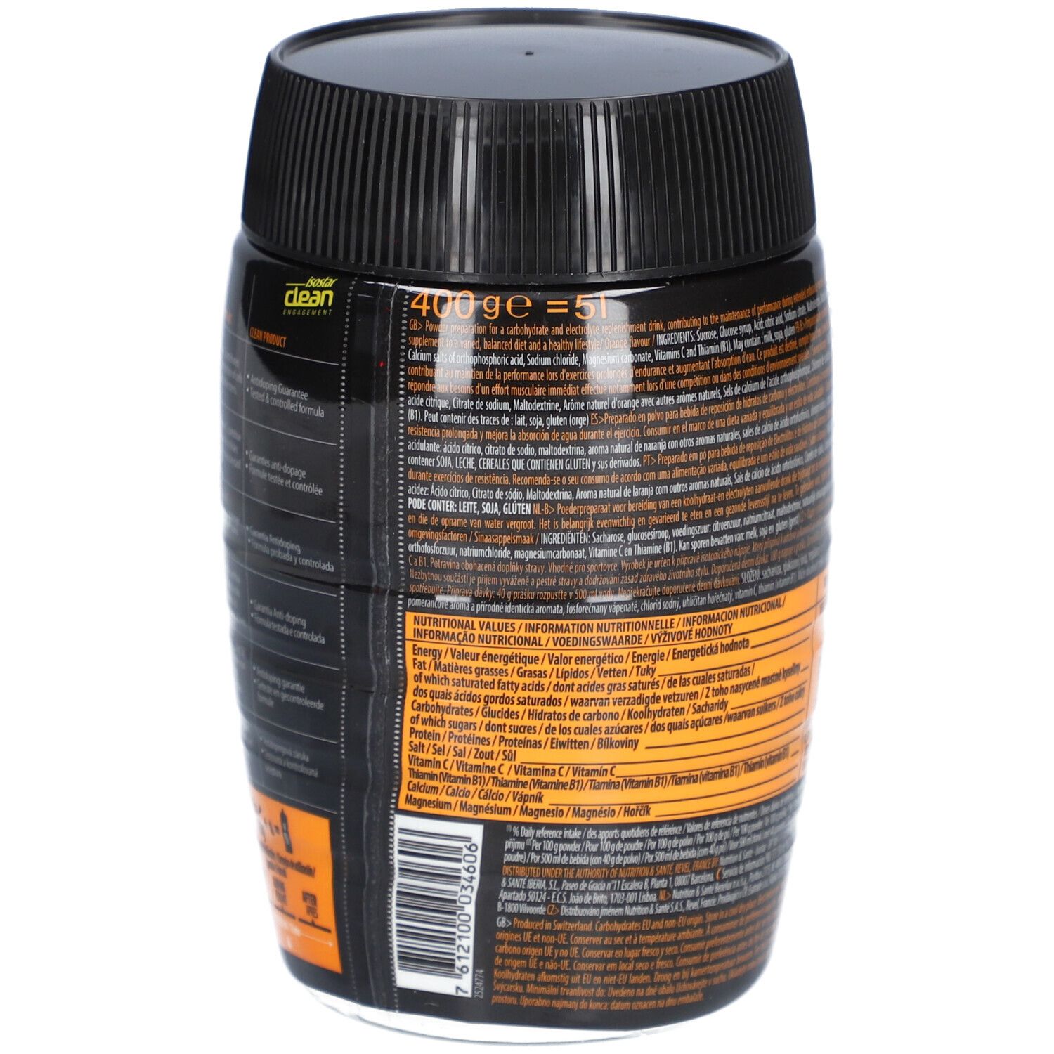 Dos de la boîte noire. Texte avec informations nutritionnelles et ingrédients. Marque : isostar®.