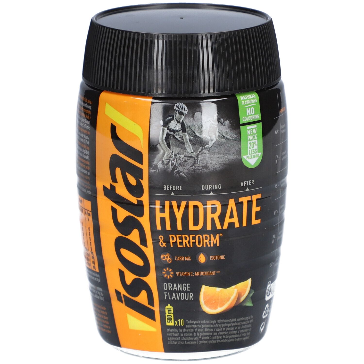 Boîte noire avec accents orange. Inscription : isostar® Hydrate & Perform, Orange Flavour. Illustration d'oranges.