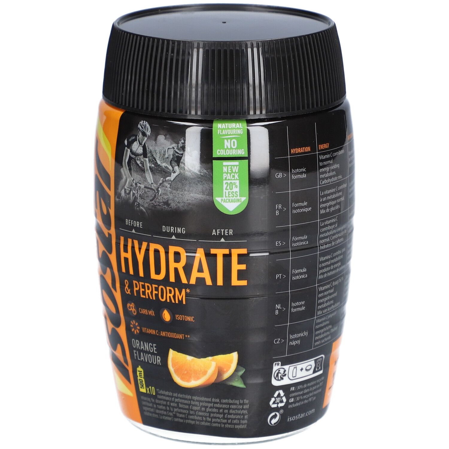 Boîte noire avec accents orange. Inscription : isostar® Hydrate & Perform, Orange Flavour. Illustration d'oranges.