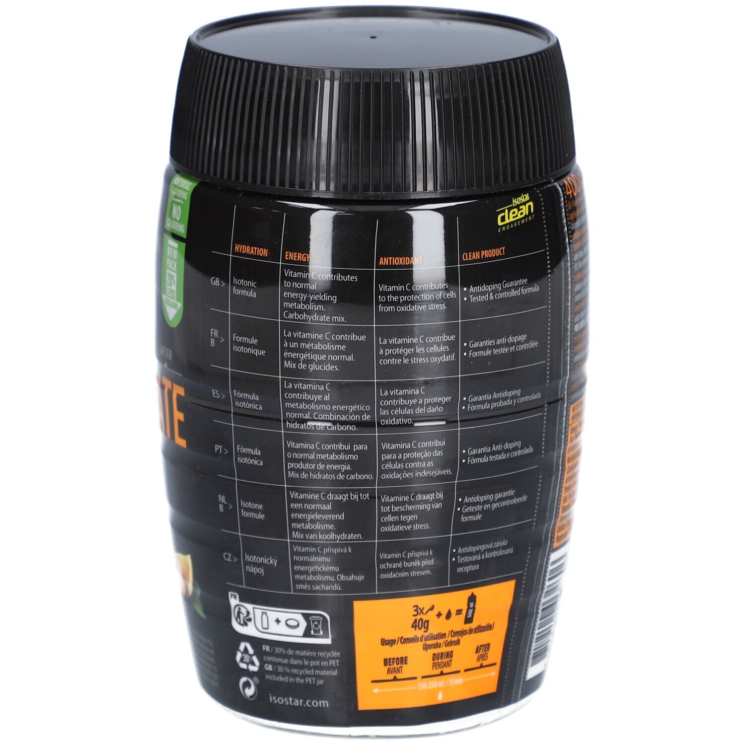 Dos de la boîte noire. Texte avec informations nutritionnelles et ingrédients. Marque : isostar®.