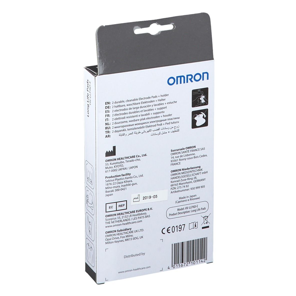Dos de la boîte OMRON Long Life Pads HV-LLPAD-E. Texte multilingue. Marquage CE et informations du fabricant.