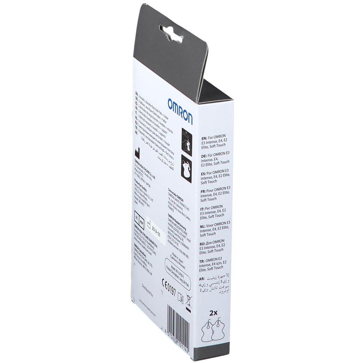 Vue latérale de la boîte OMRON Long Life Pads HV-LLPAD-E. Texte multilingue. Marquage CE.