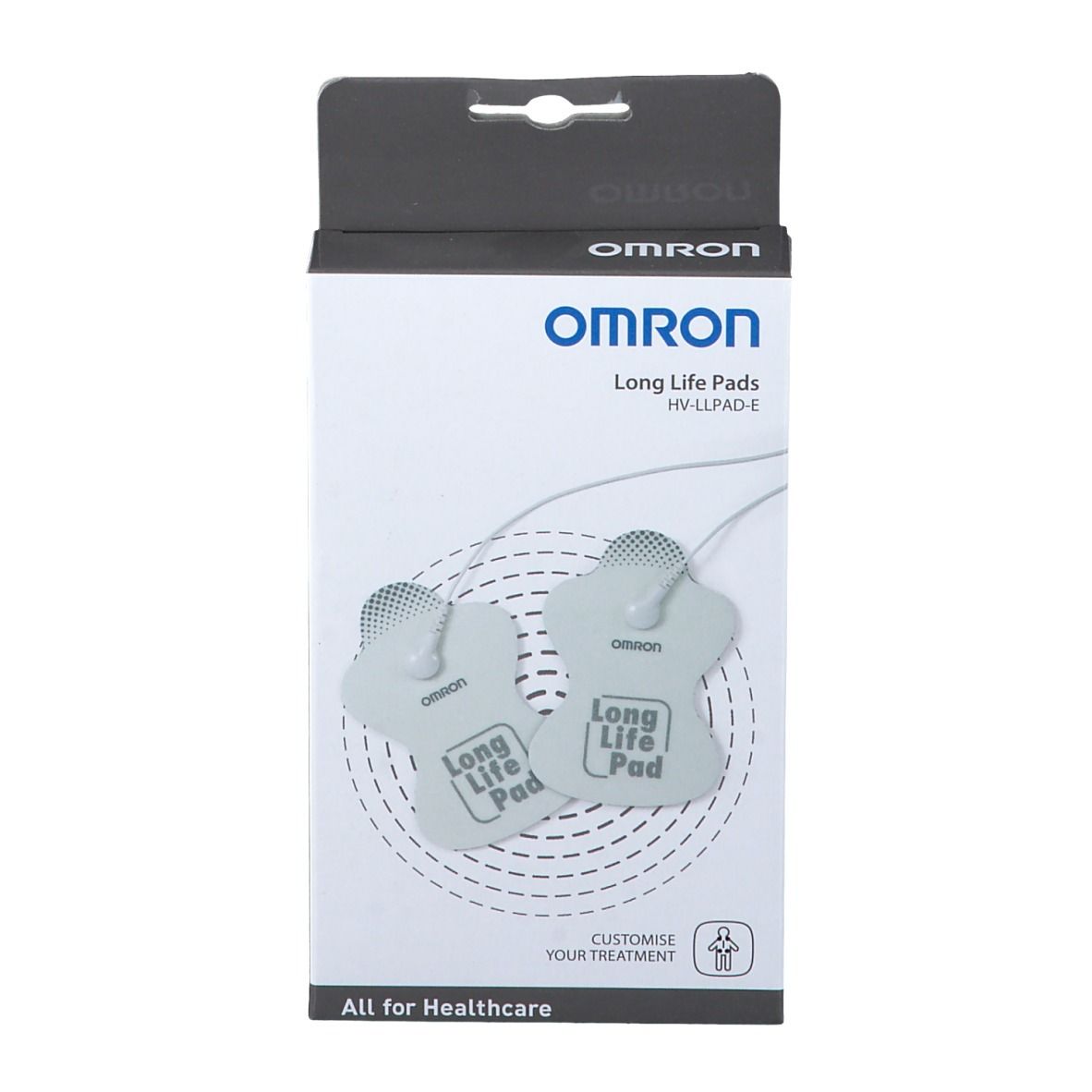 Boîte OMRON Long Life Pads HV-LLPAD-E. Deux électrodes sont visibles. Logo OMRON et nom du produit.