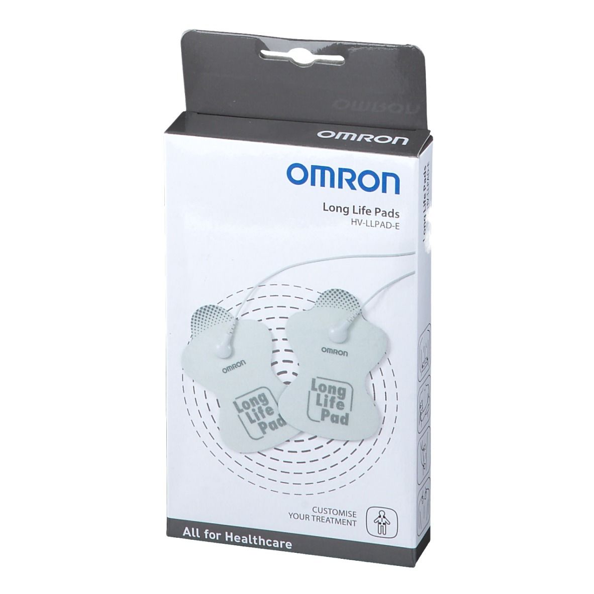 Boîte OMRON Long Life Pads HV-LLPAD-E. Deux électrodes sont visibles. Logo OMRON et nom du produit.