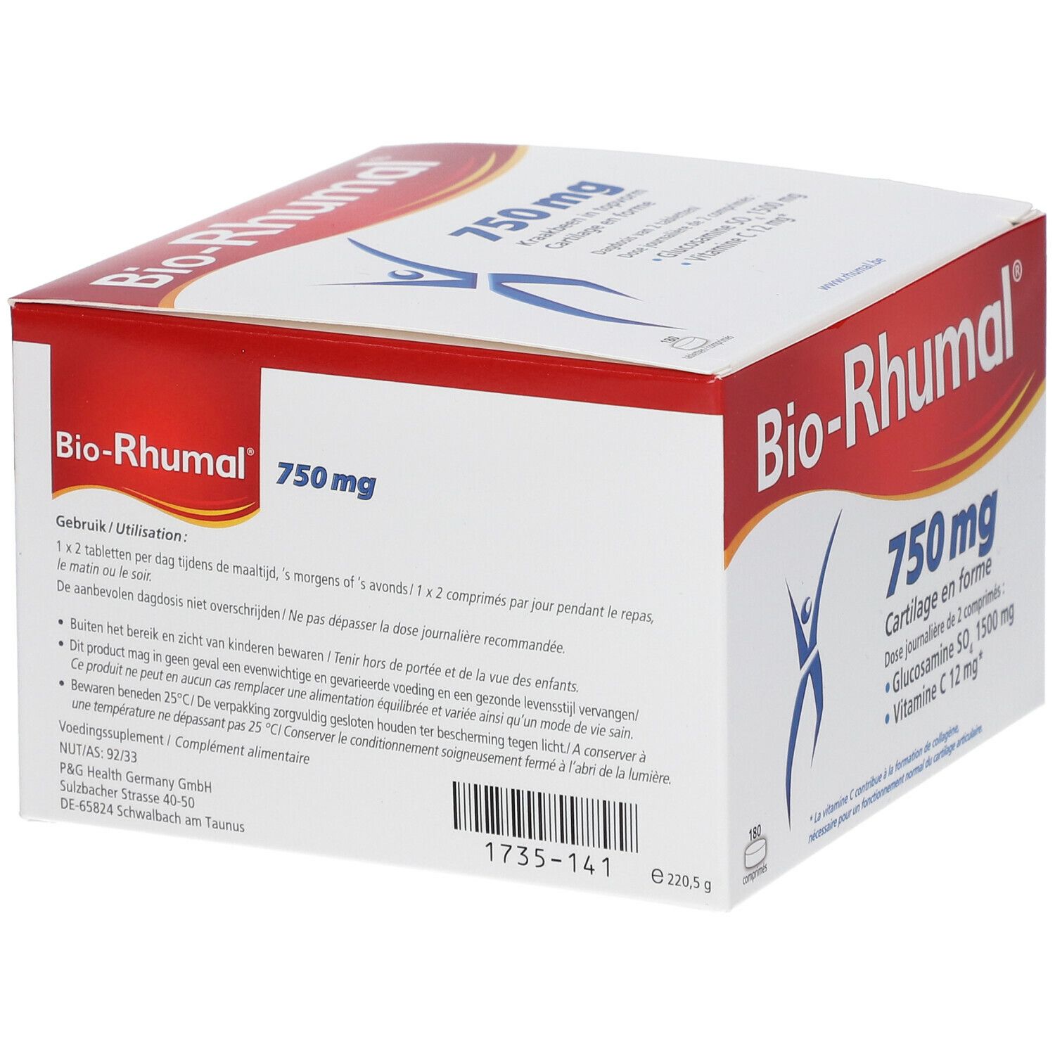 Boîte blanche et rouge "Bio-Rhumal 750 mg". Dos avec texte, dont mode d'emploi. Cartilage en forme. Contient Glucosamine, Vitamine C.