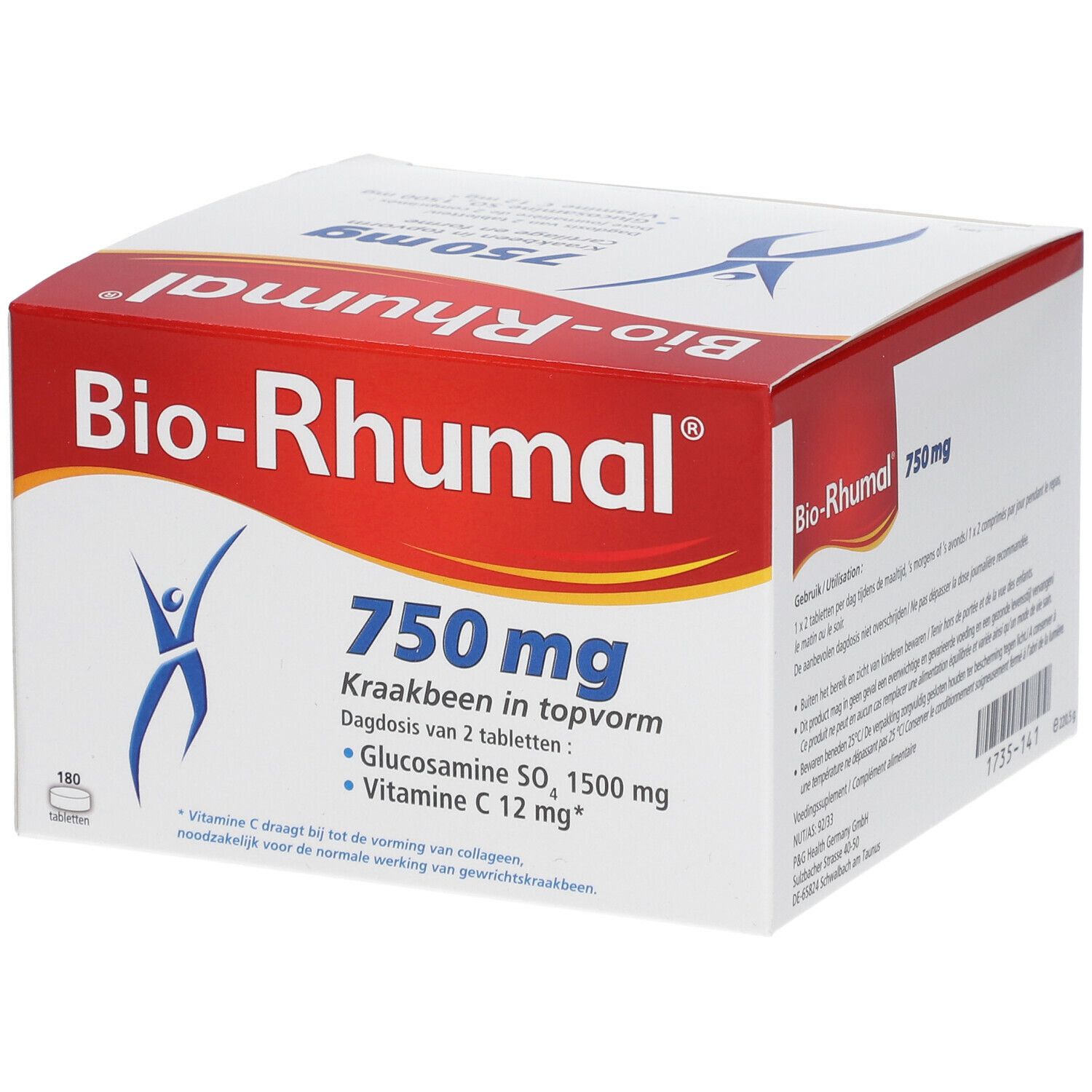 Boîte blanche et rouge "Bio-Rhumal 750 mg". Contient Glucosamine, Vitamine C. Kraakbeen in topvorm. 180 comprimés.