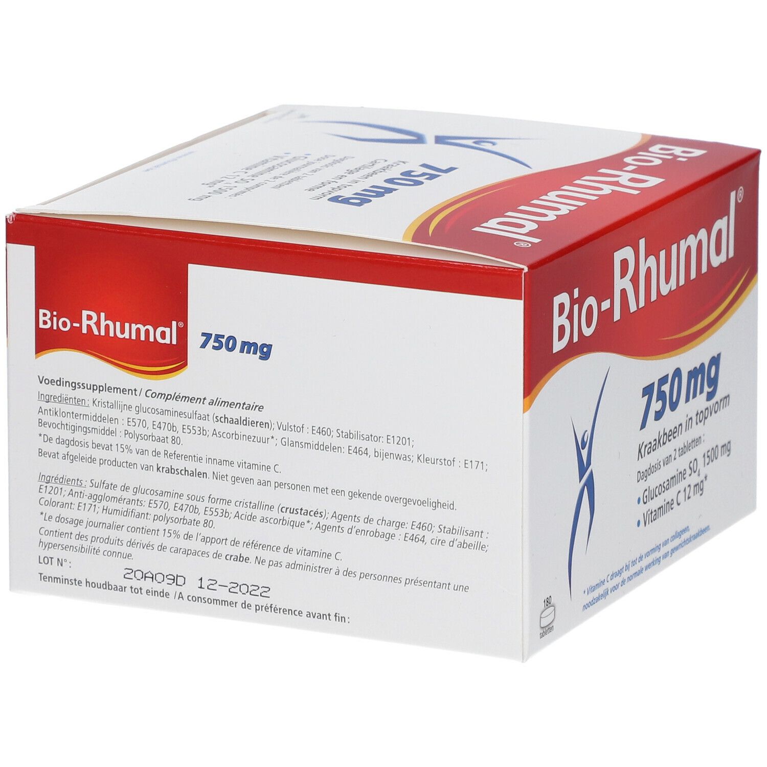 Boîte blanche et rouge "Bio-Rhumal 750 mg". Dos avec ingrédients. Cartilage en forme. Contient Glucosamine, Vitamine C.