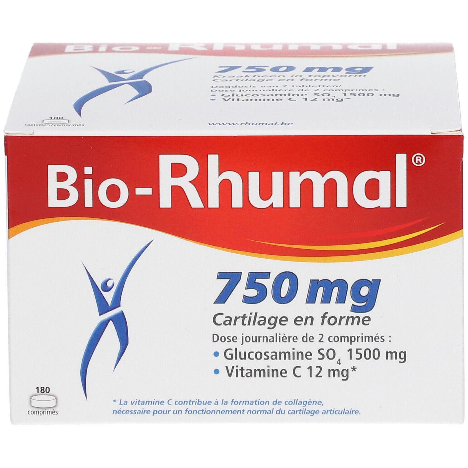Boîte blanche et rouge "Bio-Rhumal 750 mg". Contient 180 comprimés. Cartilage en forme. Glucosamine, Vitamine C.